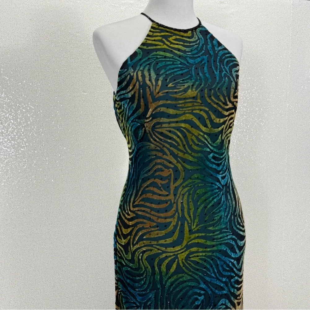 Icon by Kathryn Dianos Green Blue Burnout Velvet Abstract swirl Maxi Dress Party - Picture 12 of 17